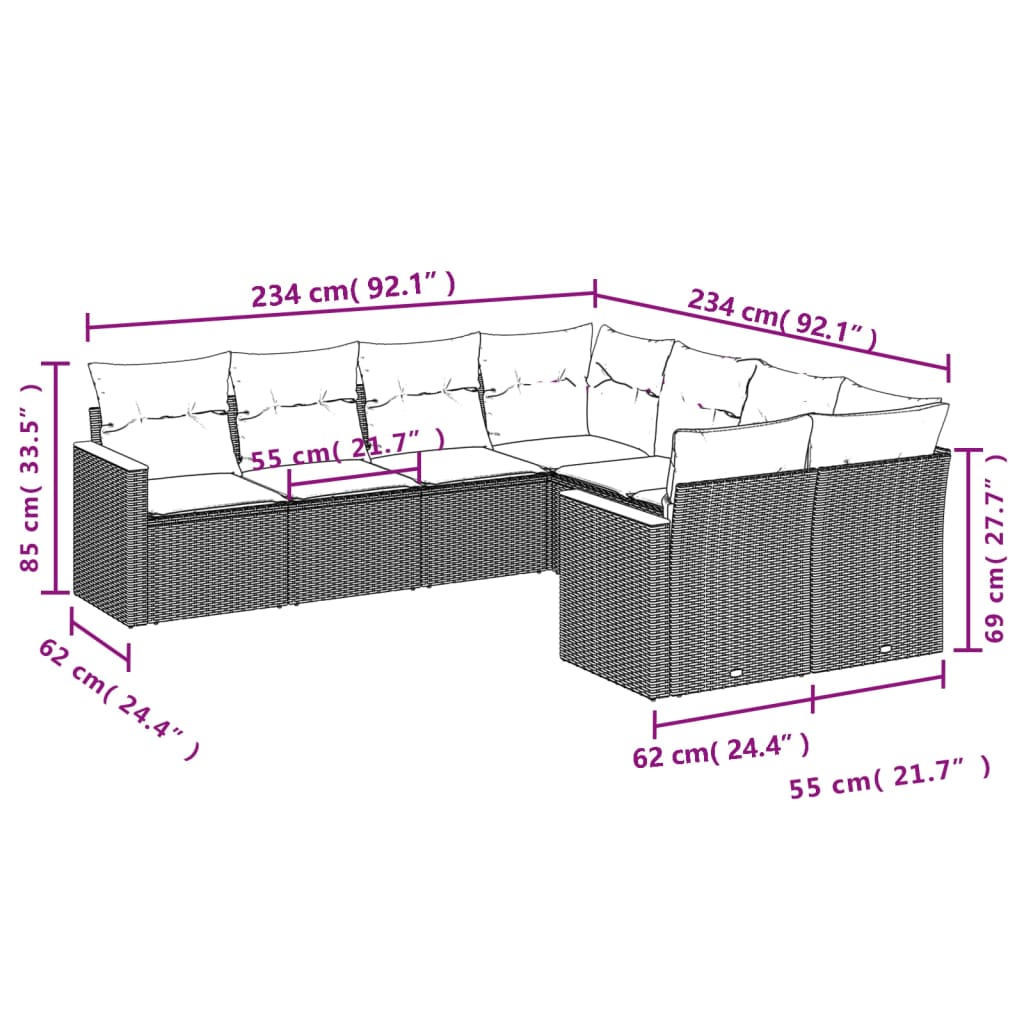 vidaXL 8-delige Loungeset met kussens poly rattan zwart