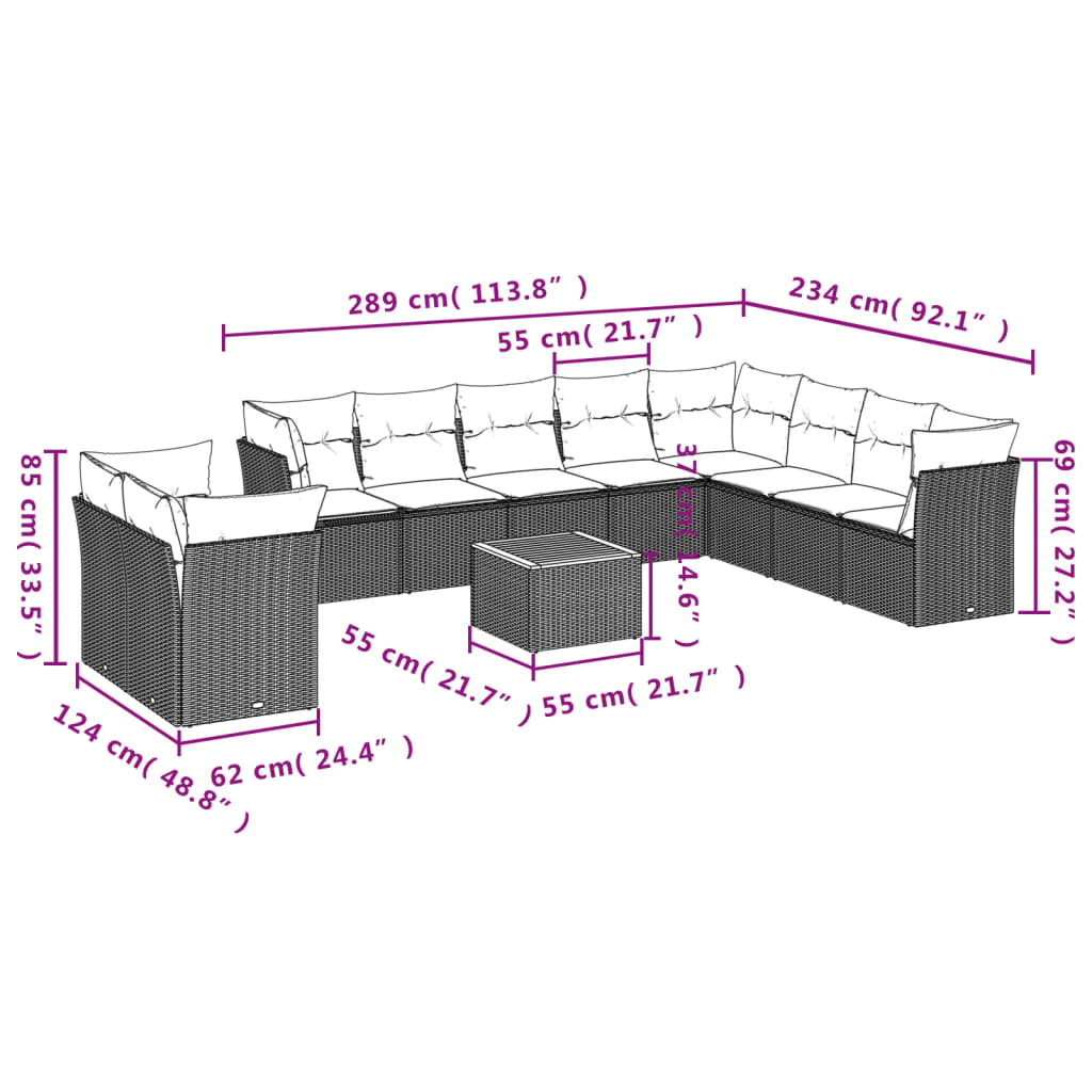 vidaXL 11-delige Loungeset met kussens poly rattan zwart