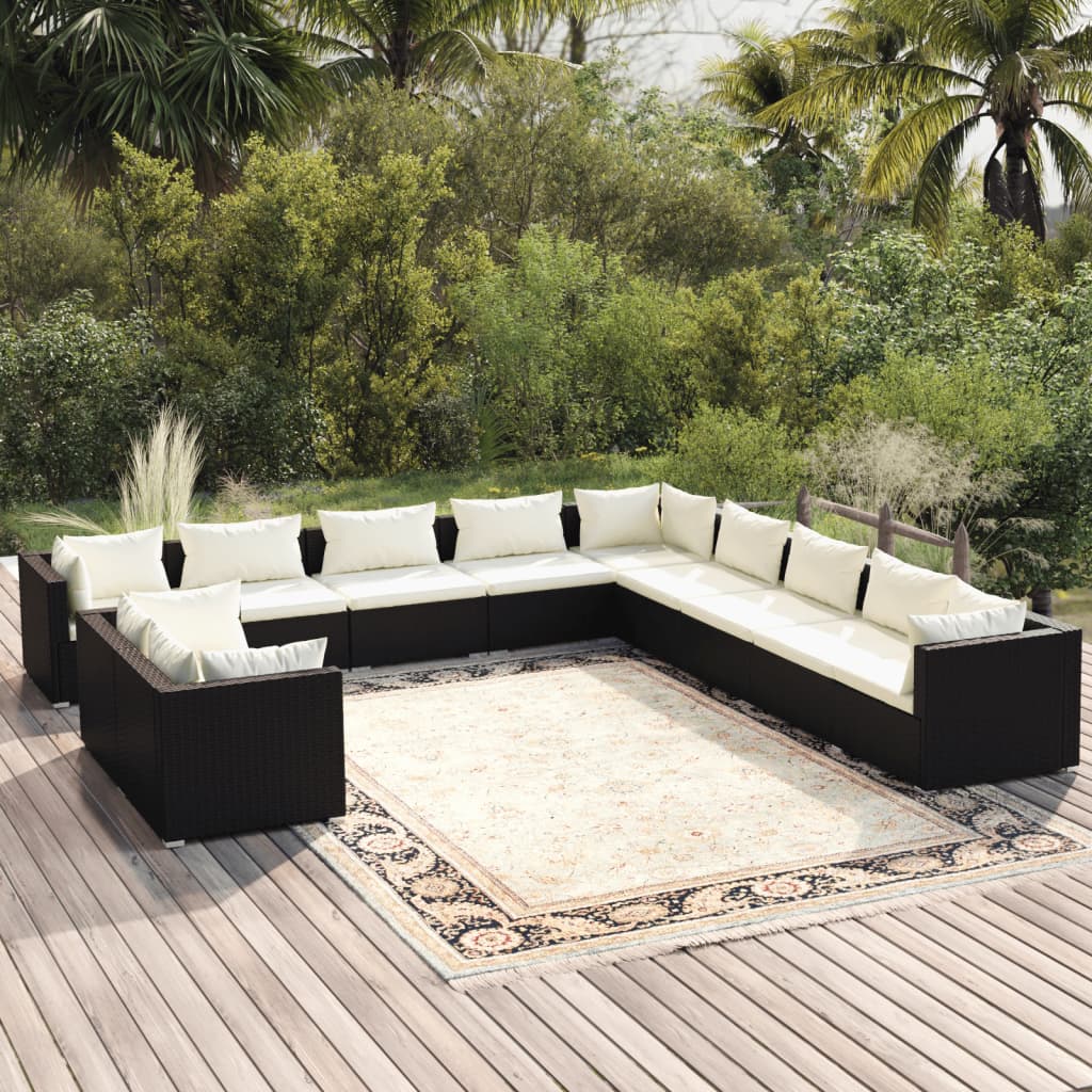 vidaXL 11-delige Loungeset met kussens poly rattan zwart