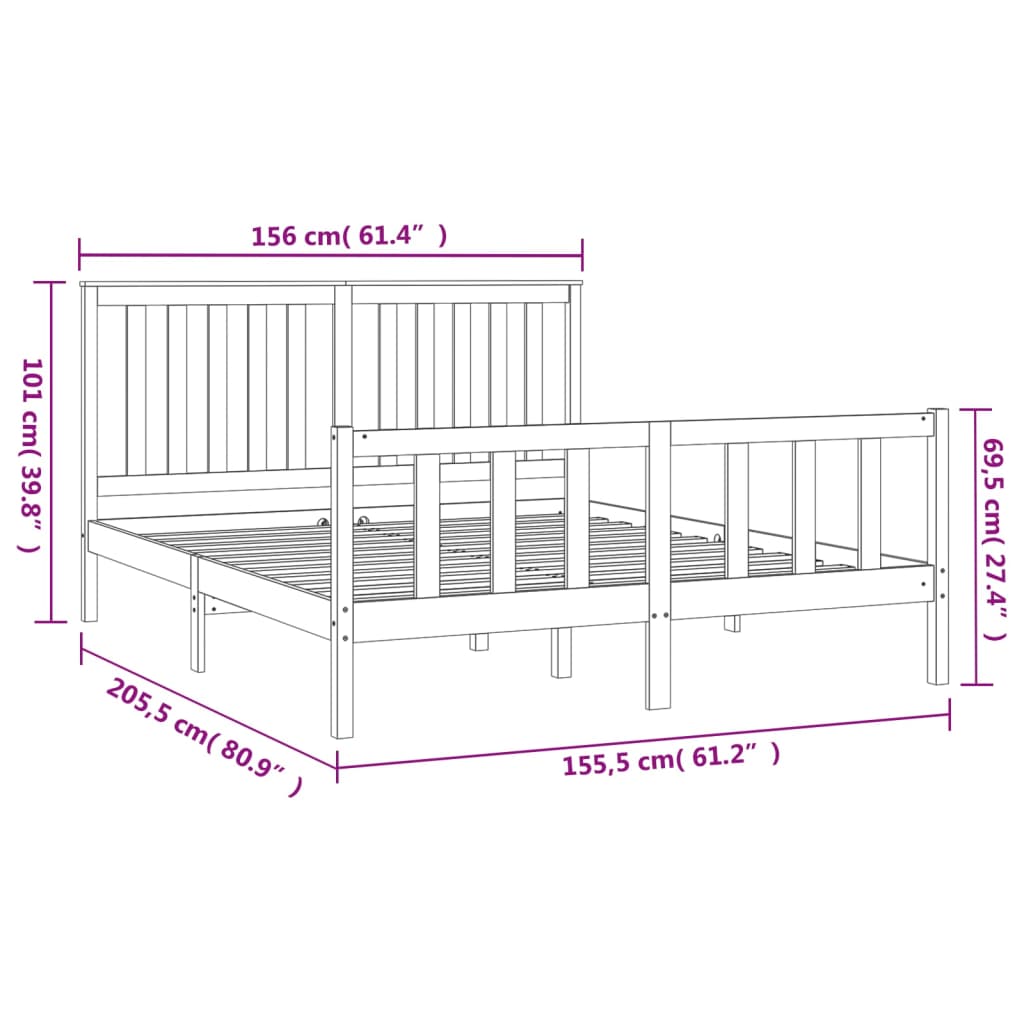 vidaXL Bedframe met hoofdbord massief grenenhout grijs 150x200 cm