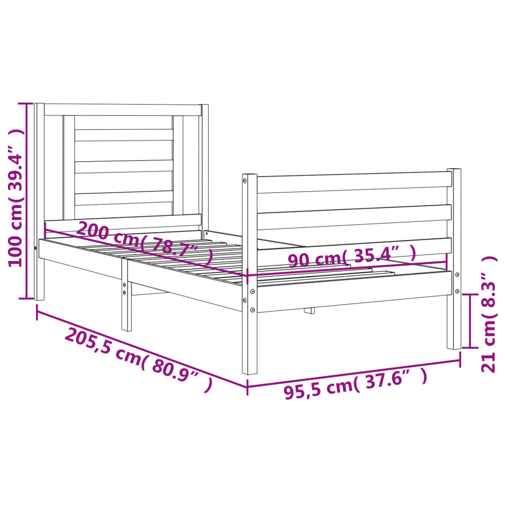 vidaXL Bedframe met hoofdbord massief hout wit 90x200 cm