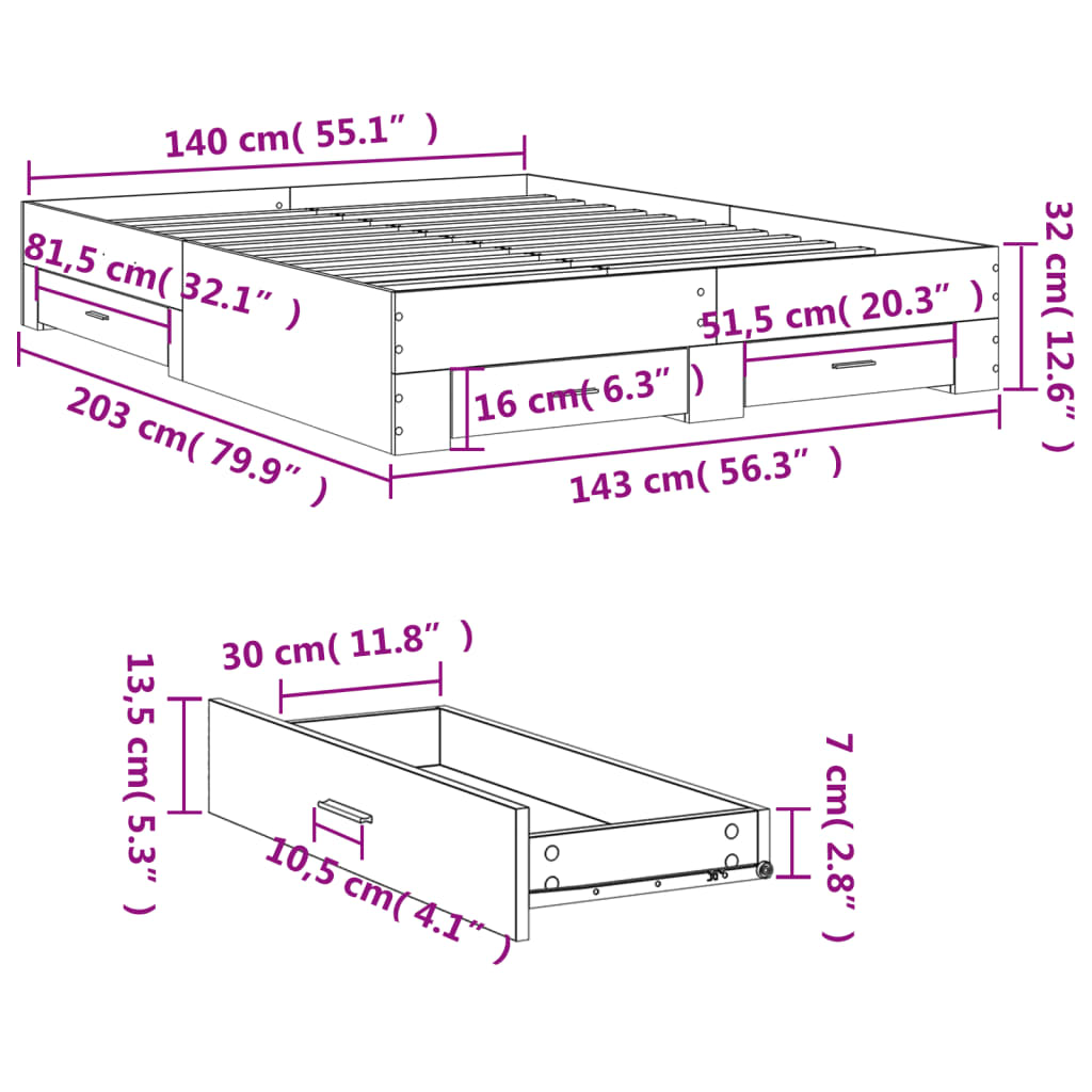 vidaXL Bedframe met lades bewerkt hout sonoma eikenkleurig 140x200 cm