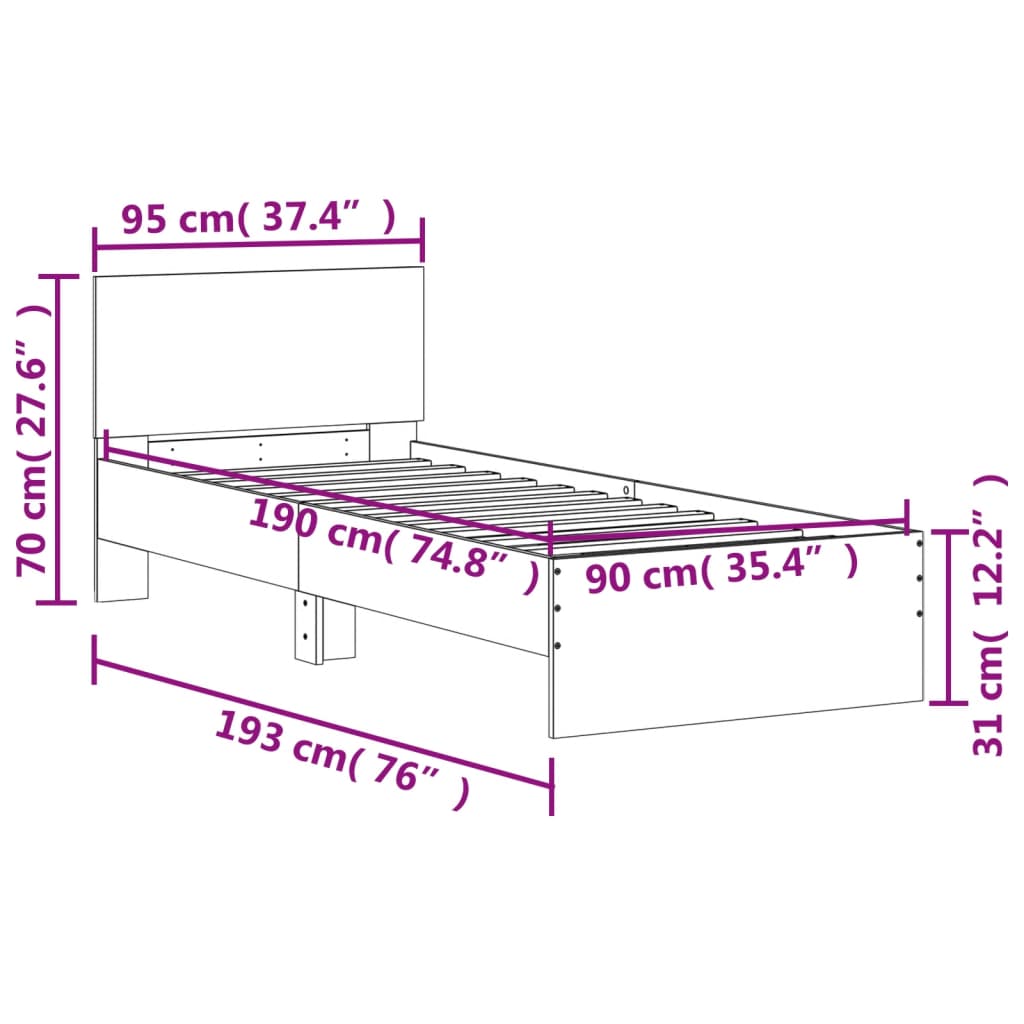 vidaXL Bedframe met hoofdbord en LED grijs sonoma eikenkleur 90x190 cm