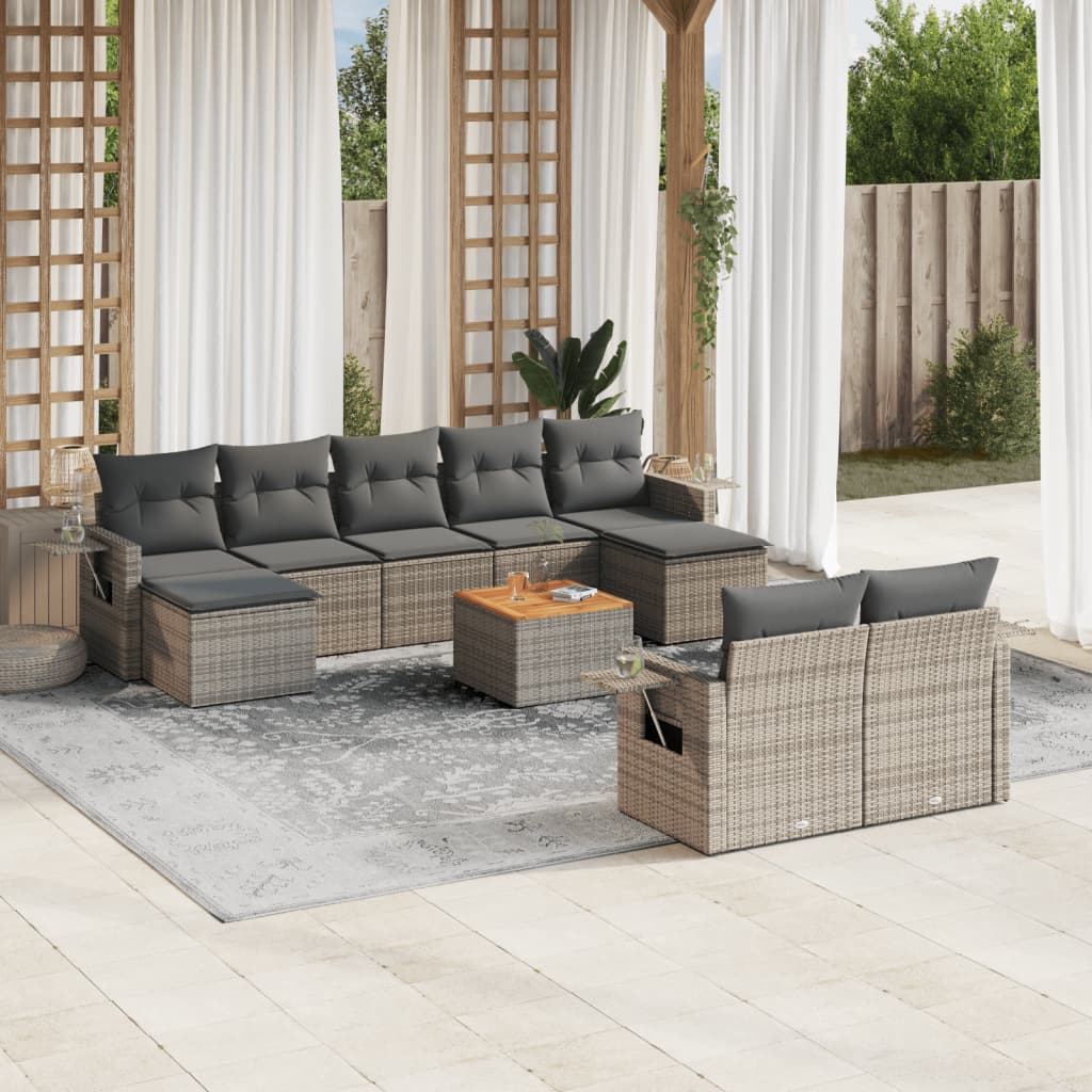 vidaXL 10-delige Loungeset met kussens poly rattan grijs