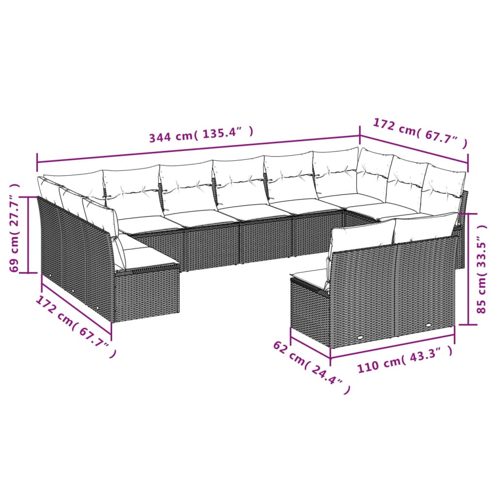 vidaXL 12-delige Loungeset met kussens poly rattan bruin