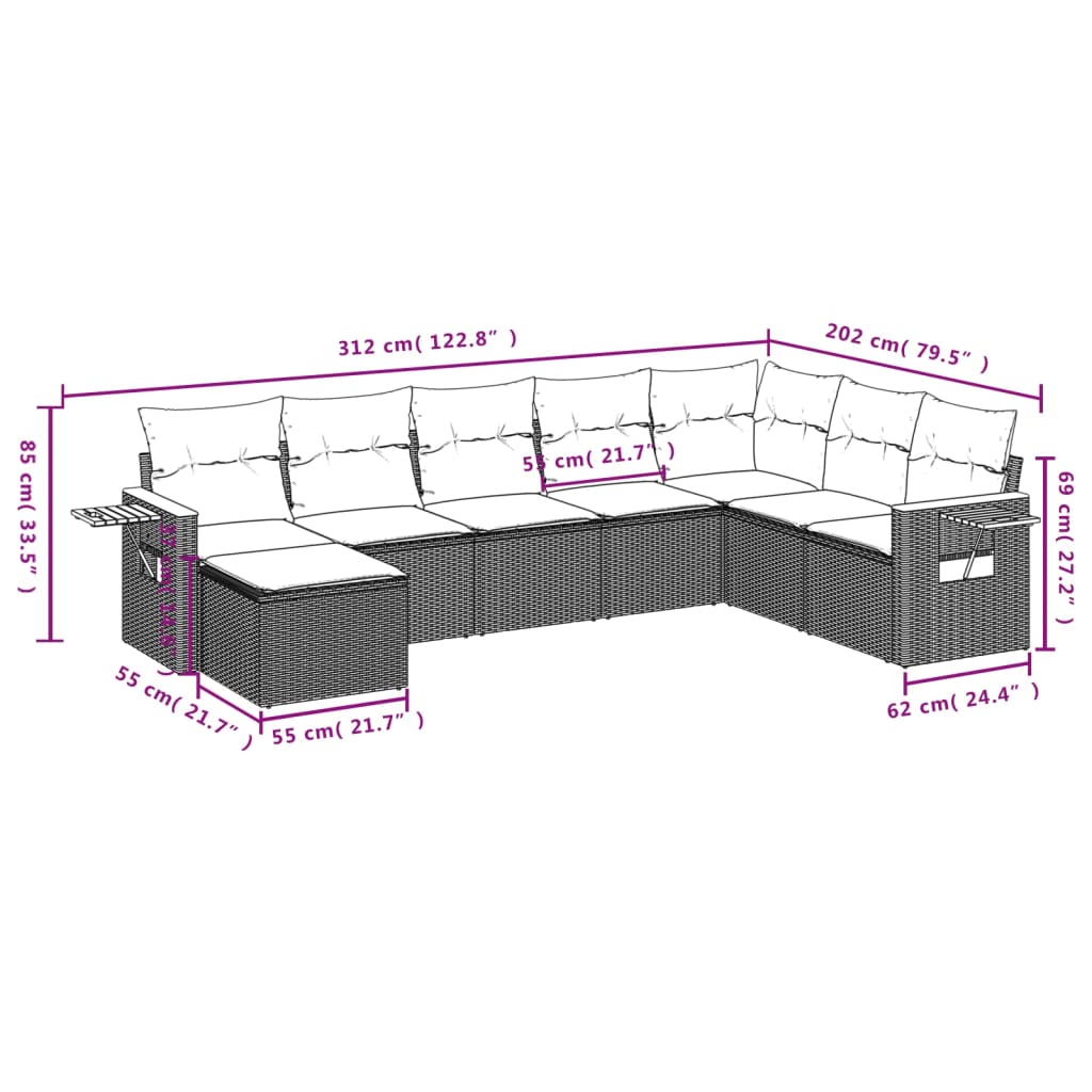 vidaXL 8-delige Loungeset met kussens poly rattan zwart