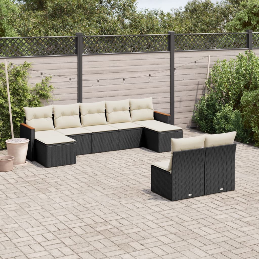 vidaXL 9-delige Loungeset met kussens poly rattan zwart