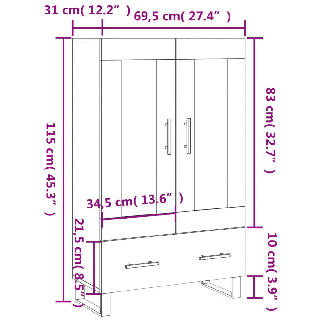 vidaXL Hoge kast 69,5x31x115 cm bewerkt hout bruin eikenkleur