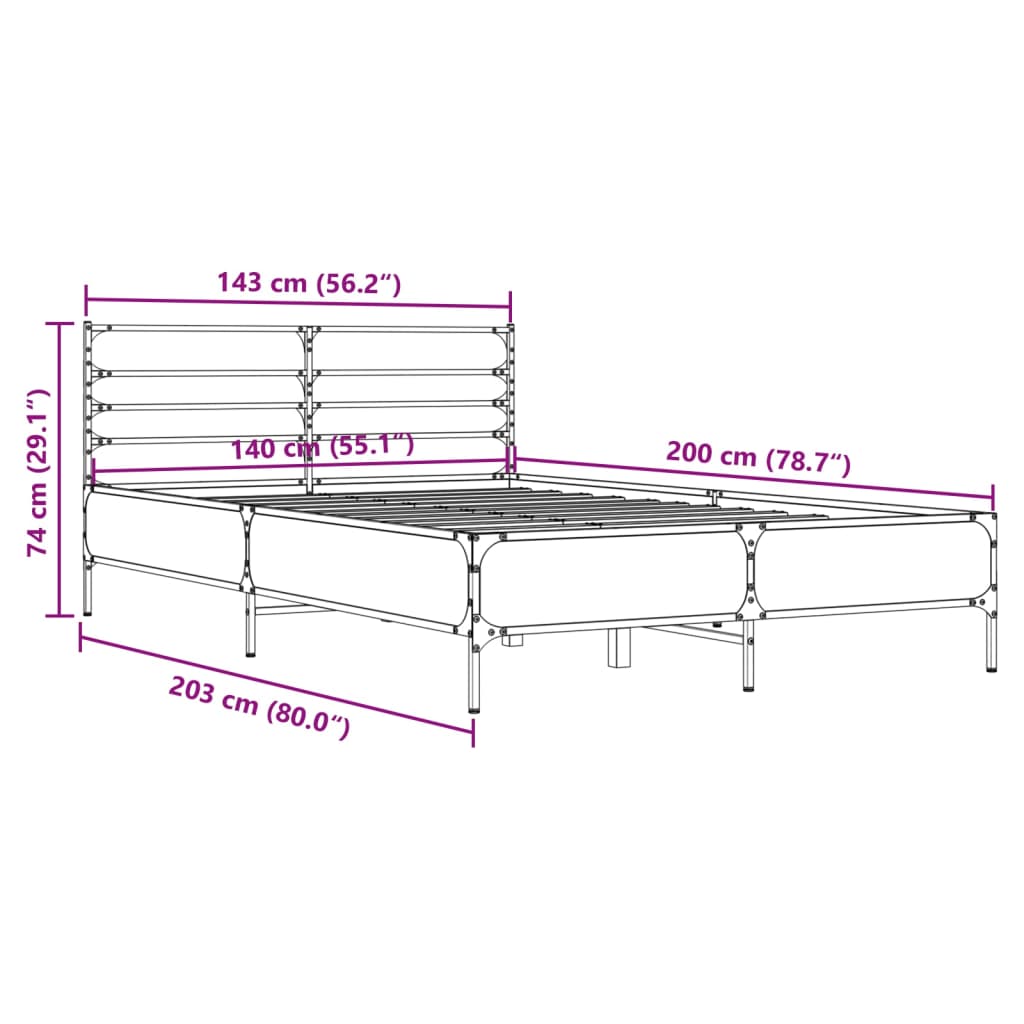 vidaXL Bedframe bewerkt hout metaal gerookt eikenkleurig 140x200 cm