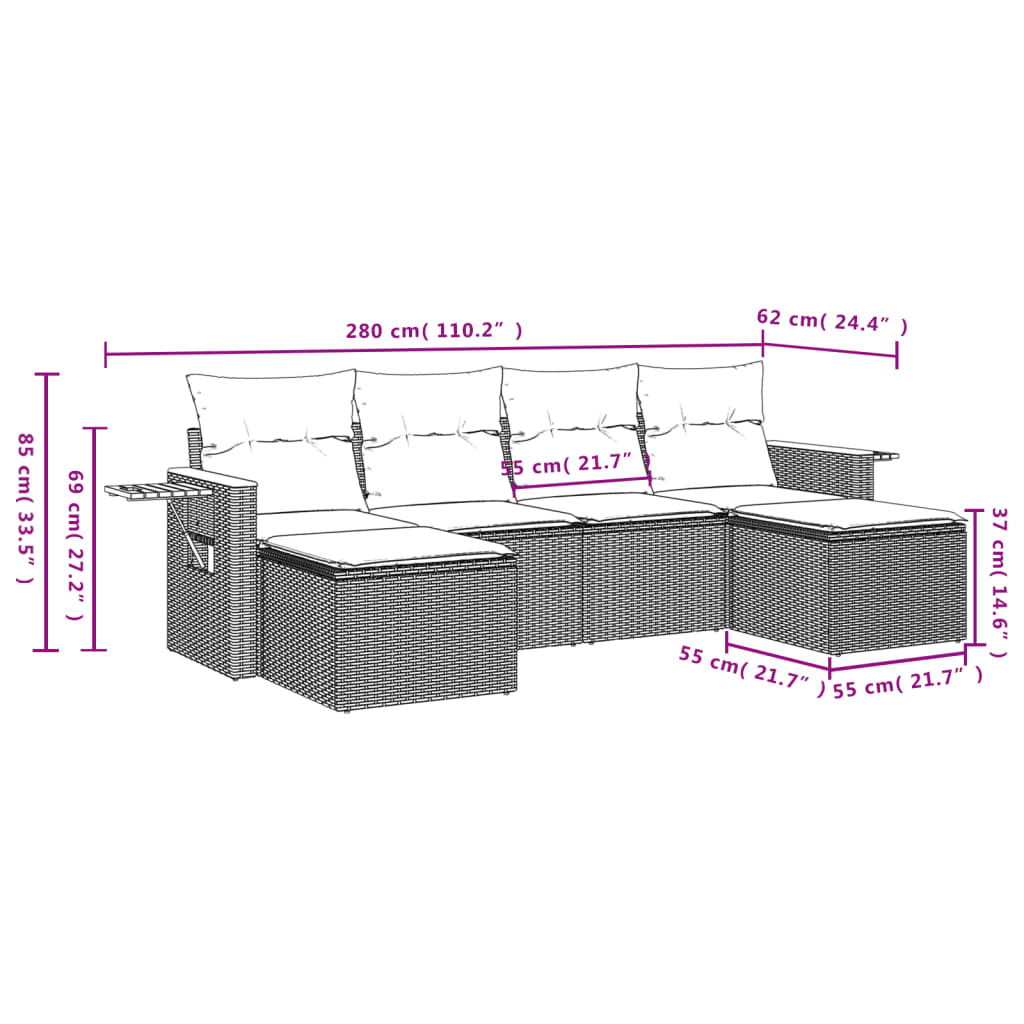 vidaXL 6-delige Loungeset met kussens poly rattan beige