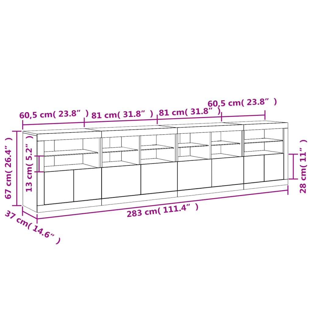 vidaXL Dressoir met LED-verlichting 283x37x67 cm wit