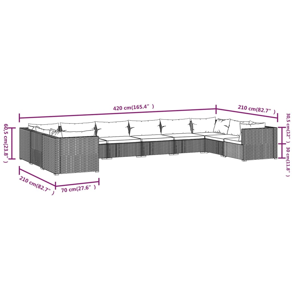 vidaXL 10-delige Loungeset met kussens poly rattan bruin