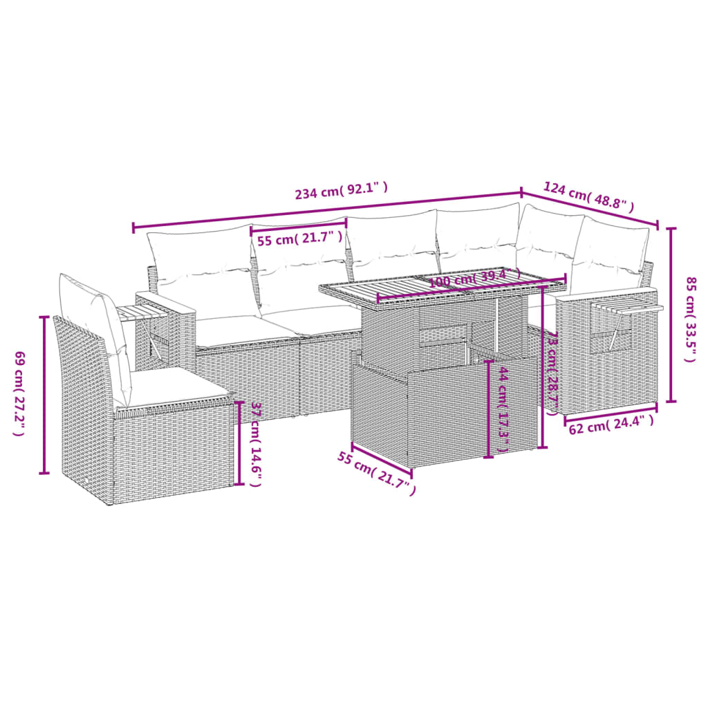 vidaXL 7-delige Loungeset met kussens poly rattan zwart