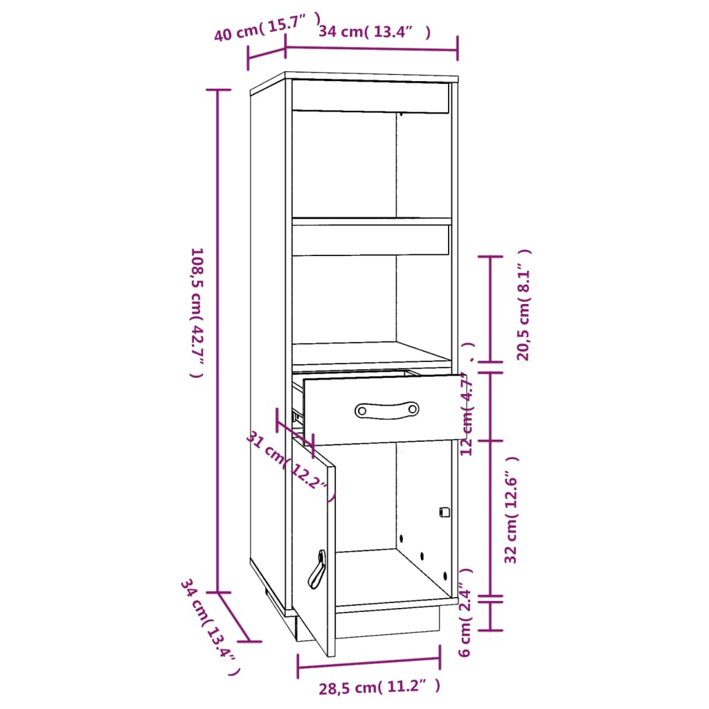 vidaXL Hoge kast 34x40x108,5 cm massief grenenhout wit