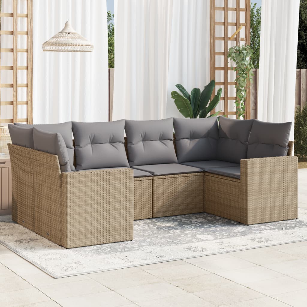 vidaXL 6-delige Loungeset met kussens poly rattan beige