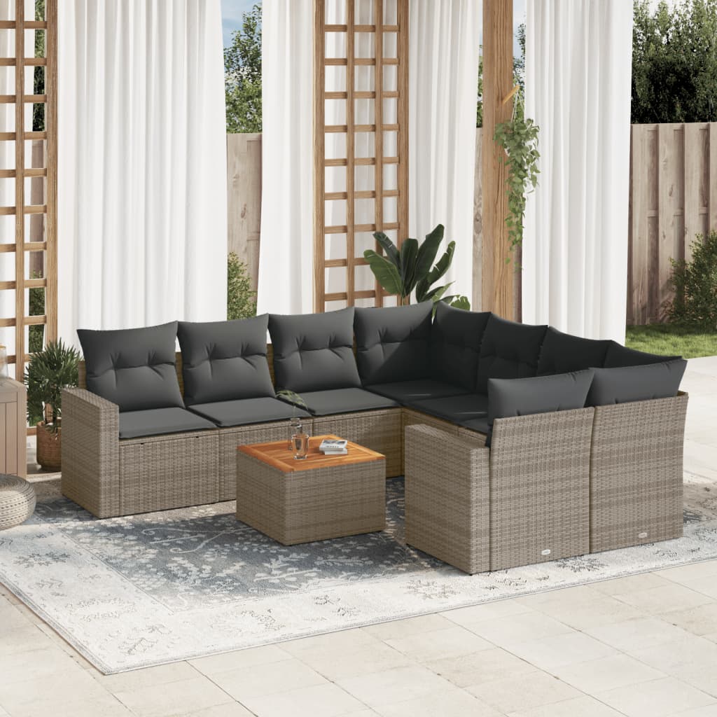 vidaXL 9-delige Loungeset met kussens poly rattan grijs