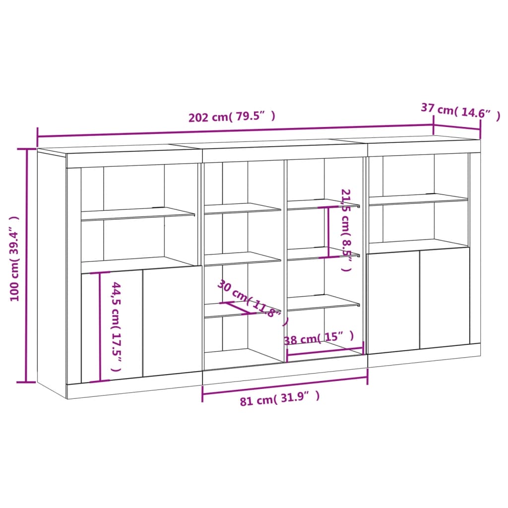 vidaXL Dressoir met LED-verlichting 202x37x100 cm betongrijs