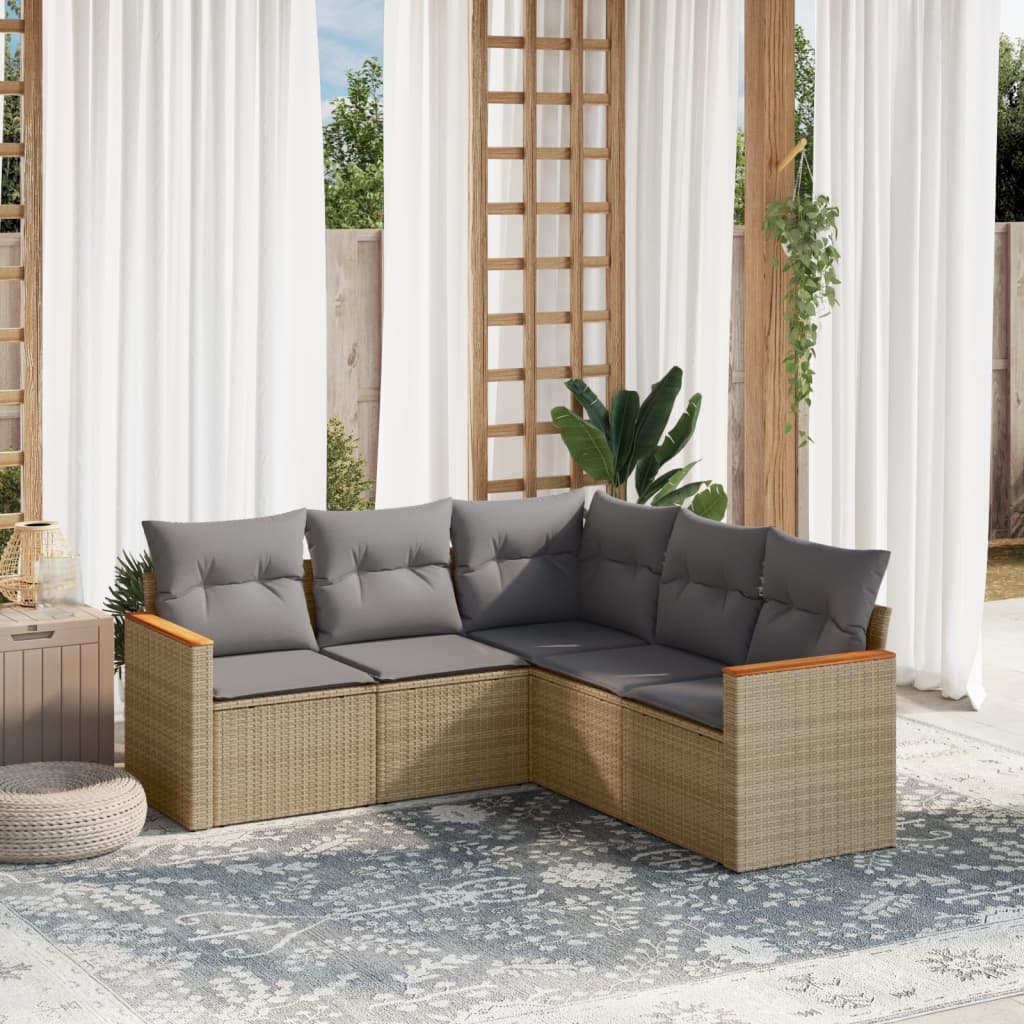 vidaXL 5-delige Loungeset met kussens poly rattan gemengd beige