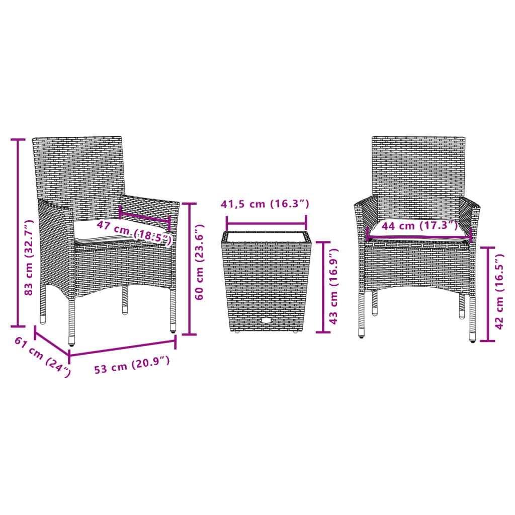 vidaXL 3-delige Bistroset met kussens poly rattan en glas beige