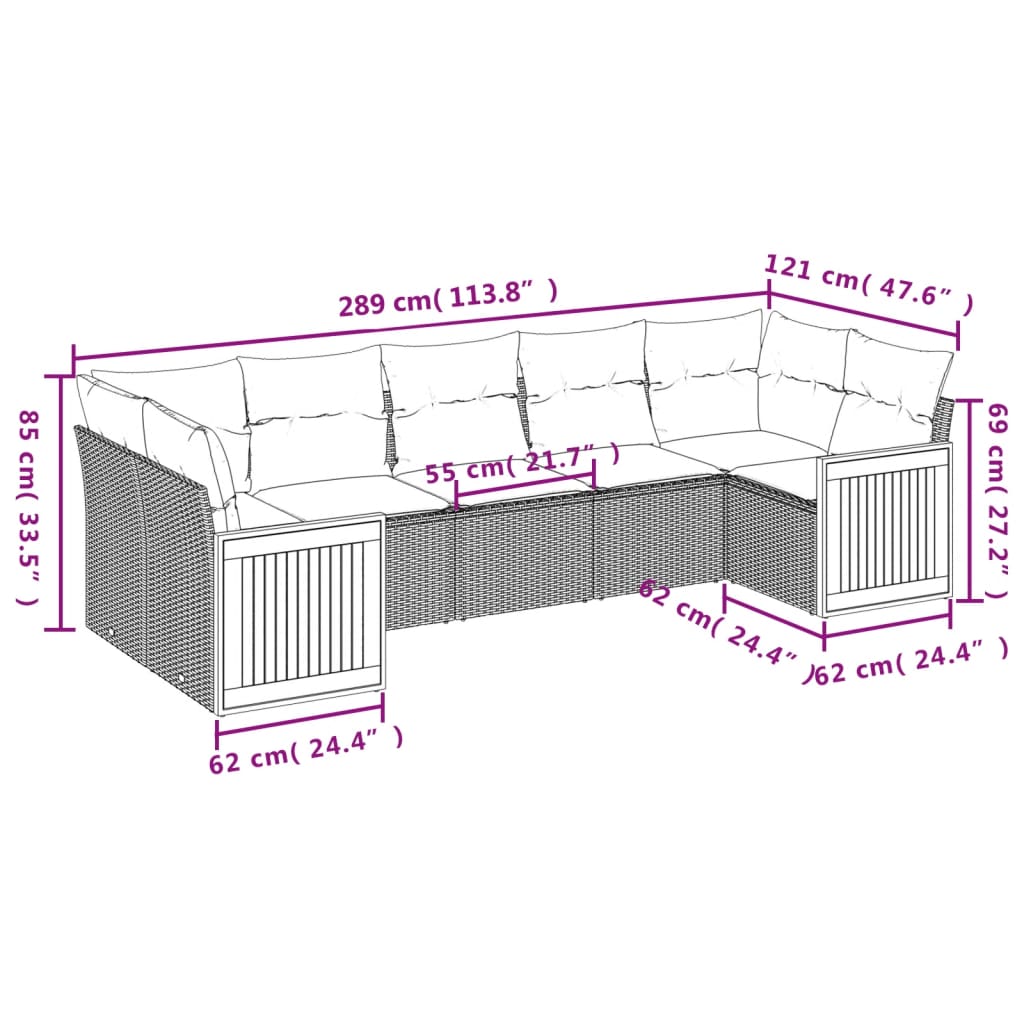 vidaXL 7-delige Loungeset met kussens poly rattan beige