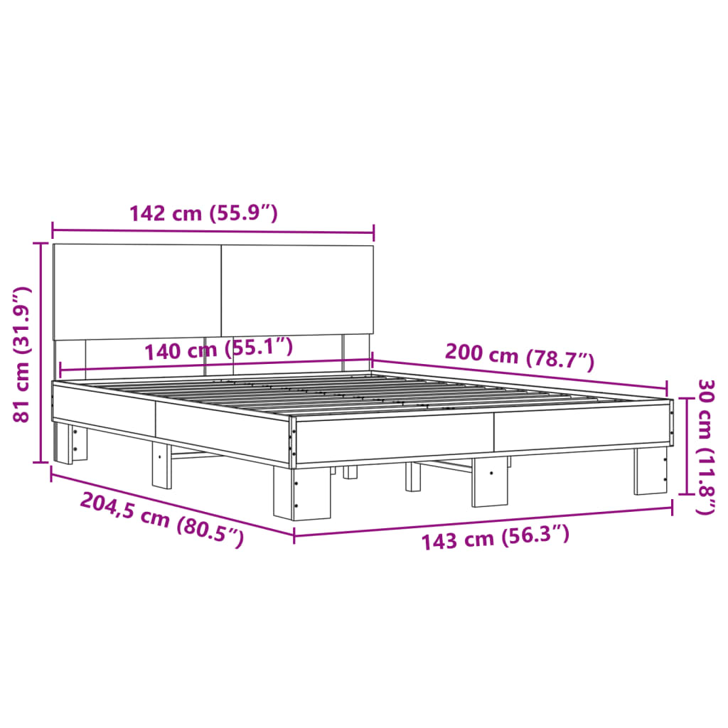 vidaXL Bedframe bewerkt hout metaal bruin eikenkleur 140x200 cm