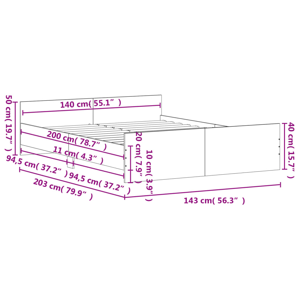 vidaXL Bedframe met hoofd- en voeteneinde zwart 140x200 cm