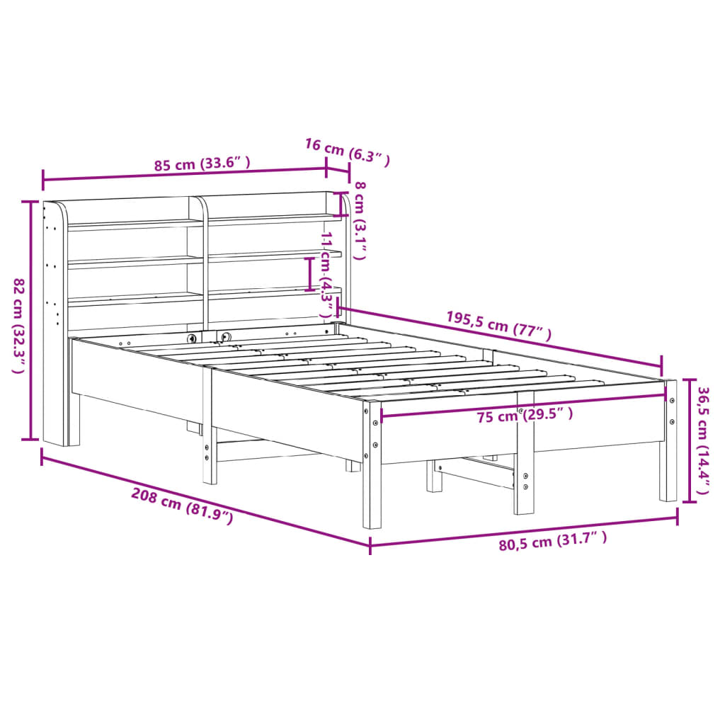 vidaXL Bedframe zonder matras massief grenenhout wit 75x190 cm