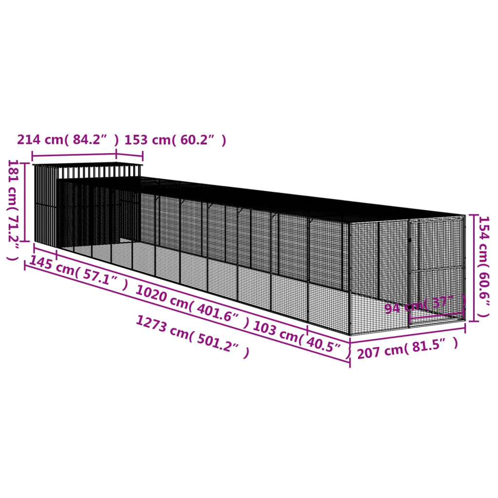 vidaXL Hondenhok met ren 214x1273x181 cm staal lichtgrijs