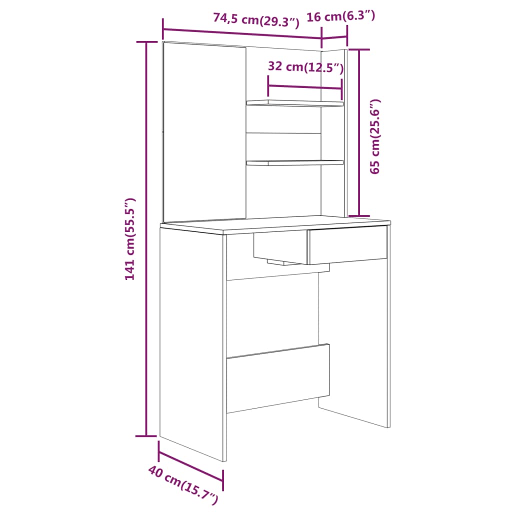 vidaXL Kaptafel met spiegel 74,5x40x141 cm zwart