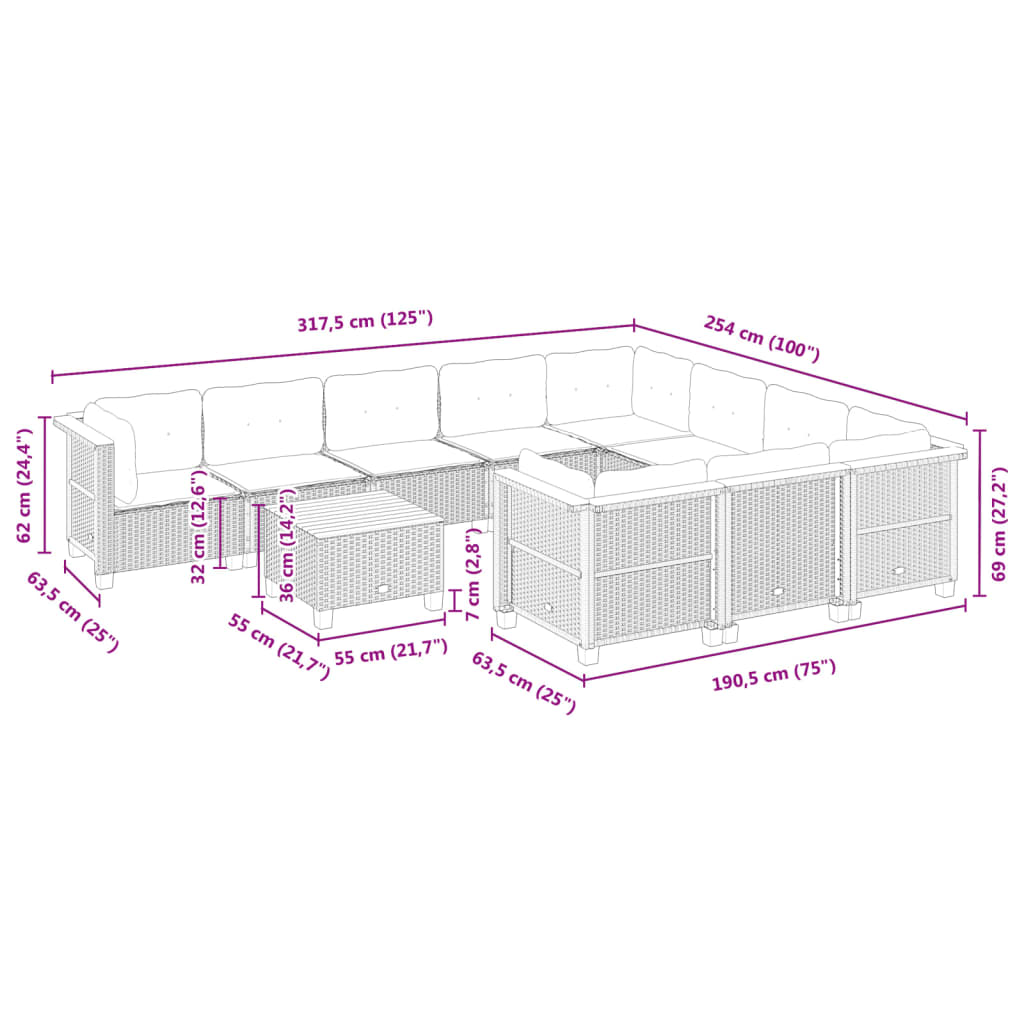 vidaXL 11-delige Loungeset met kussens poly rattan grijs