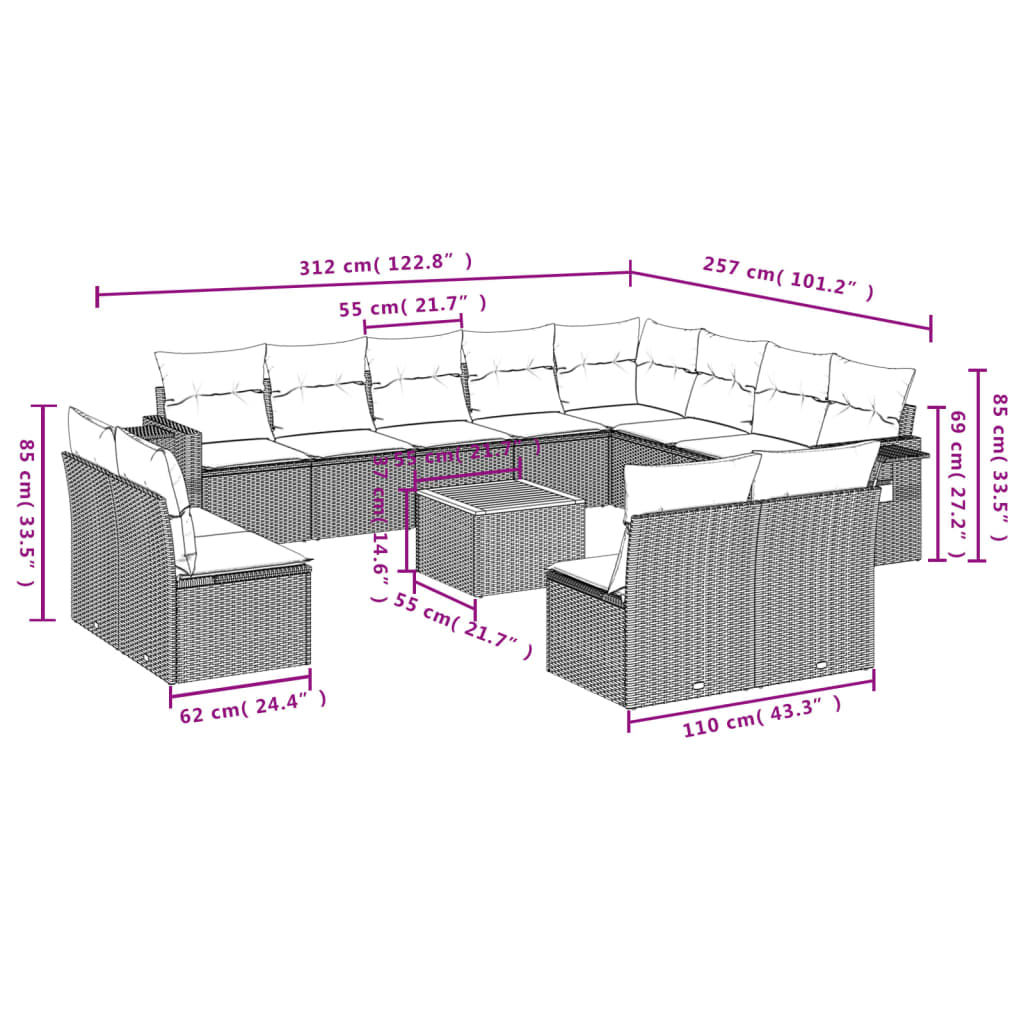 vidaXL 13-delige Loungeset met kussens poly rattan gemengd beige