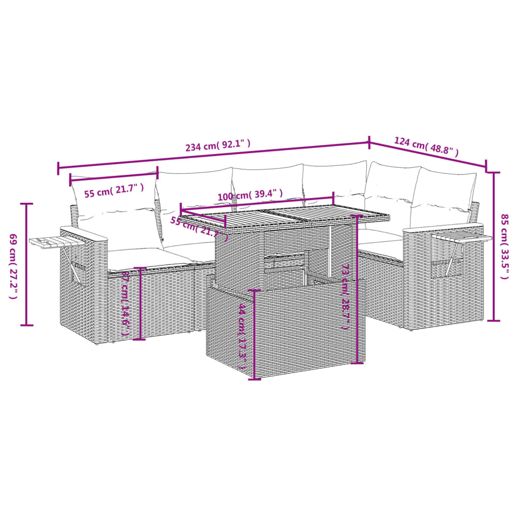 vidaXL 6-delige Loungeset met kussens poly rattan zwart