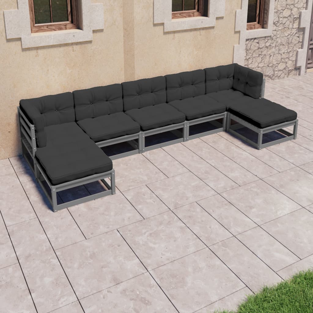 vidaXL 7-delige Loungeset met kussens massief grenenhout grijs