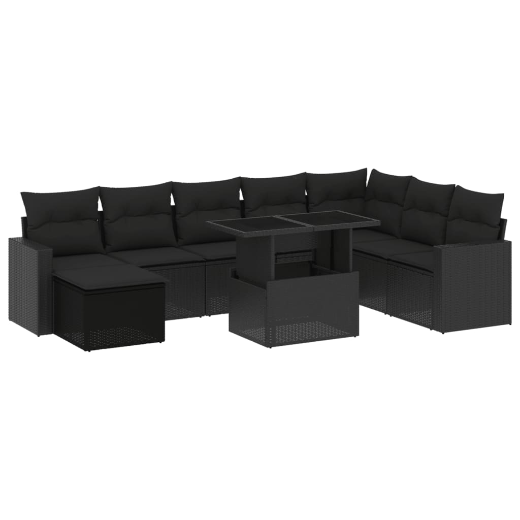 vidaXL 9-delige Loungeset met kussens poly rattan zwart