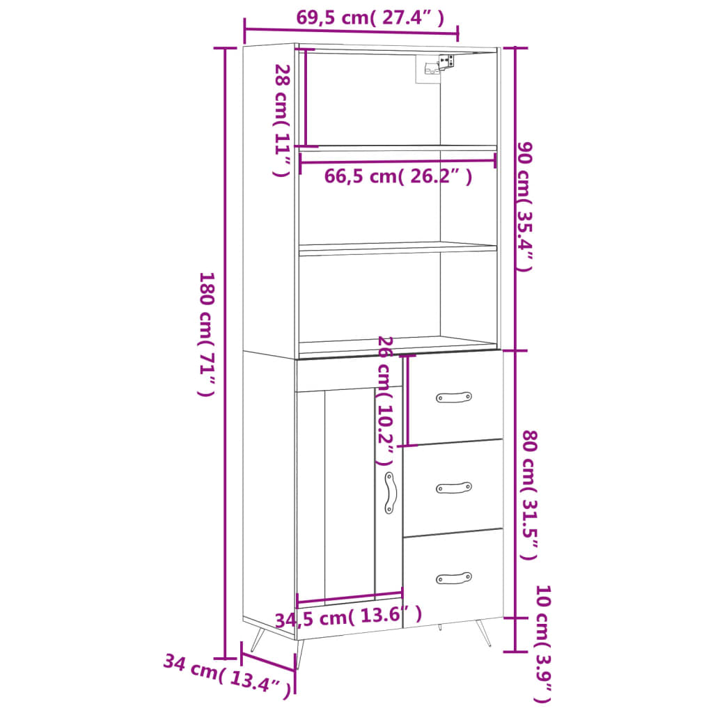 vidaXL Hoge kast 69,5x34x180 cm bewerkt hout wit