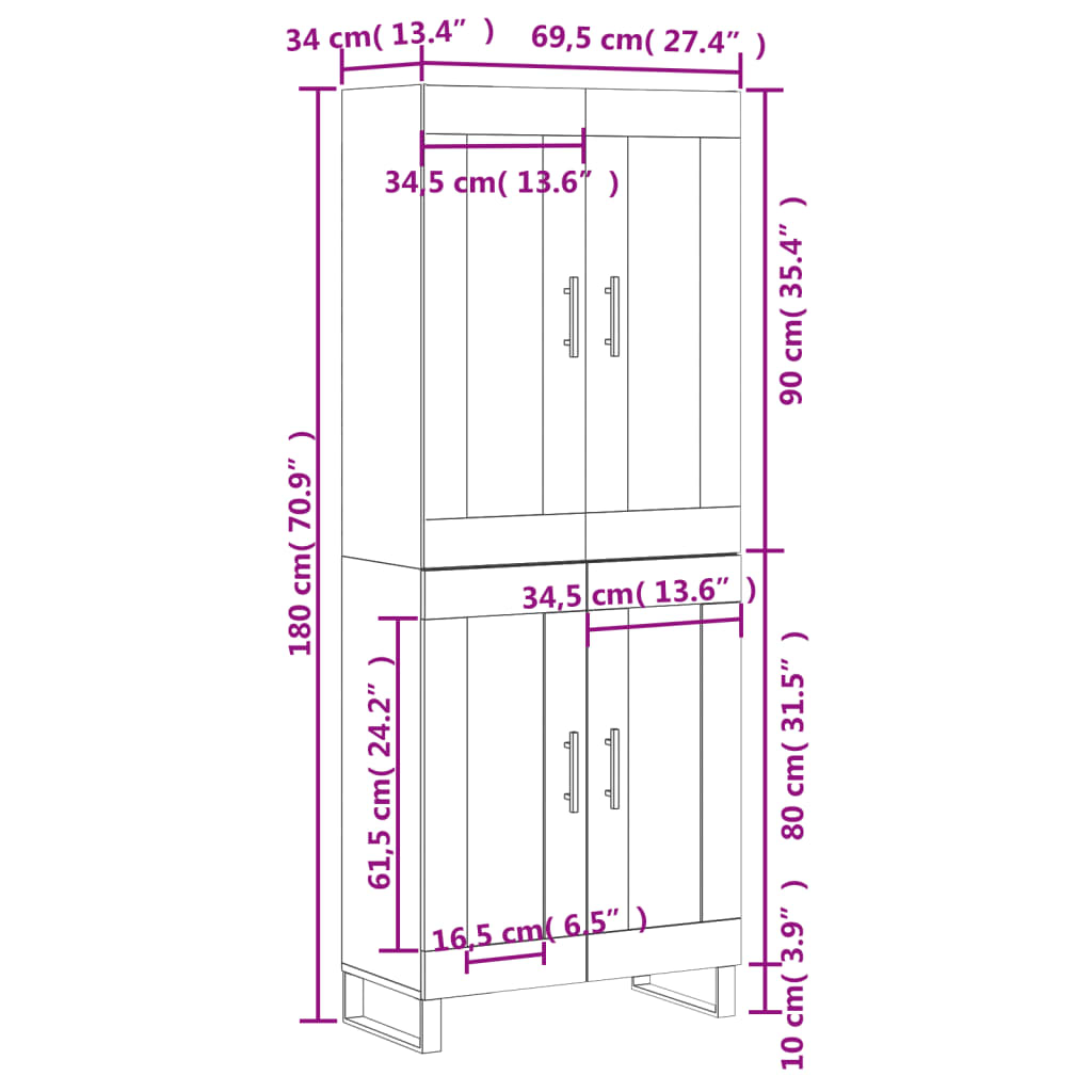 vidaXL Hoge kast 69,5x34x180 cm bewerkt hout betongrijs