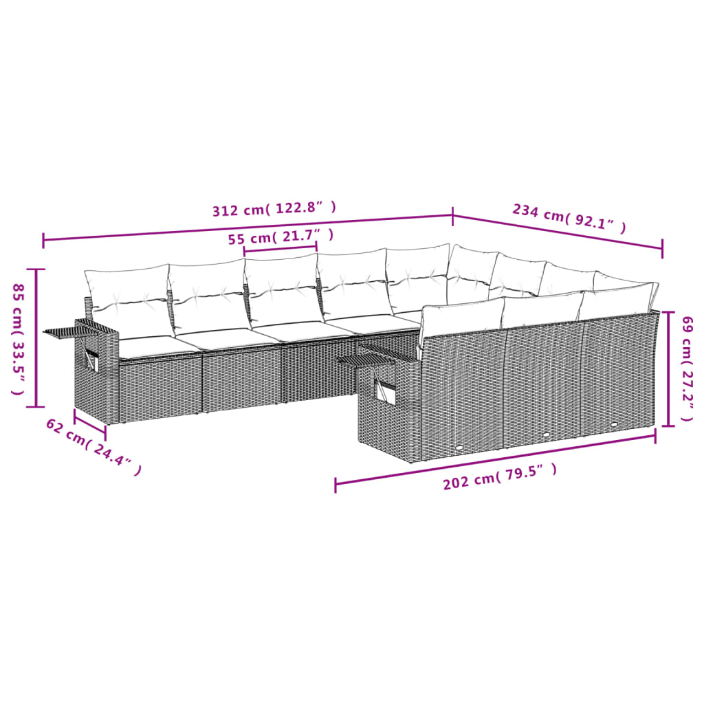 vidaXL 10-delige Loungeset met kussens poly rattan bruin