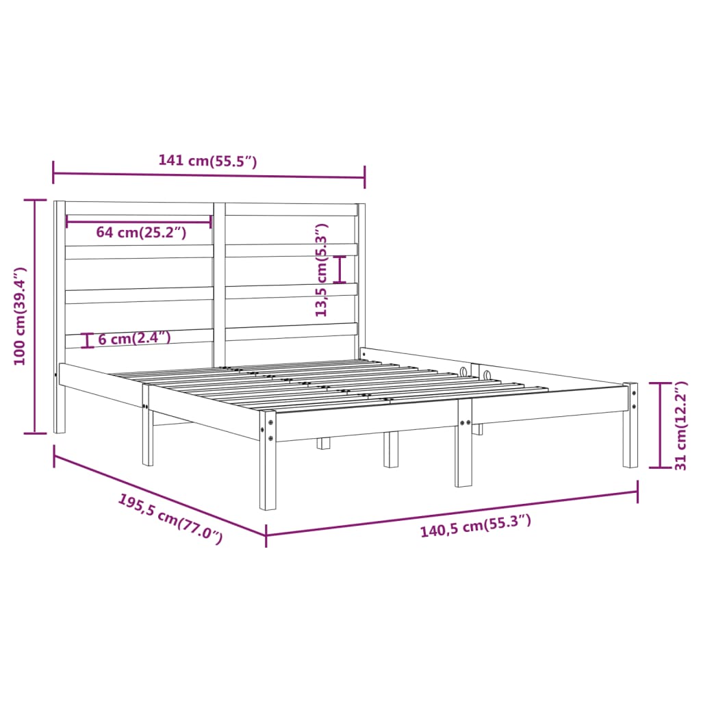 vidaXL Bedframe massief hout grijs 135x190 cm