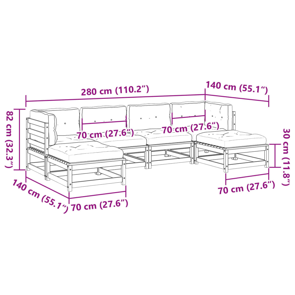 vidaXL 6-delige Loungeset met kussens massief grenenhout