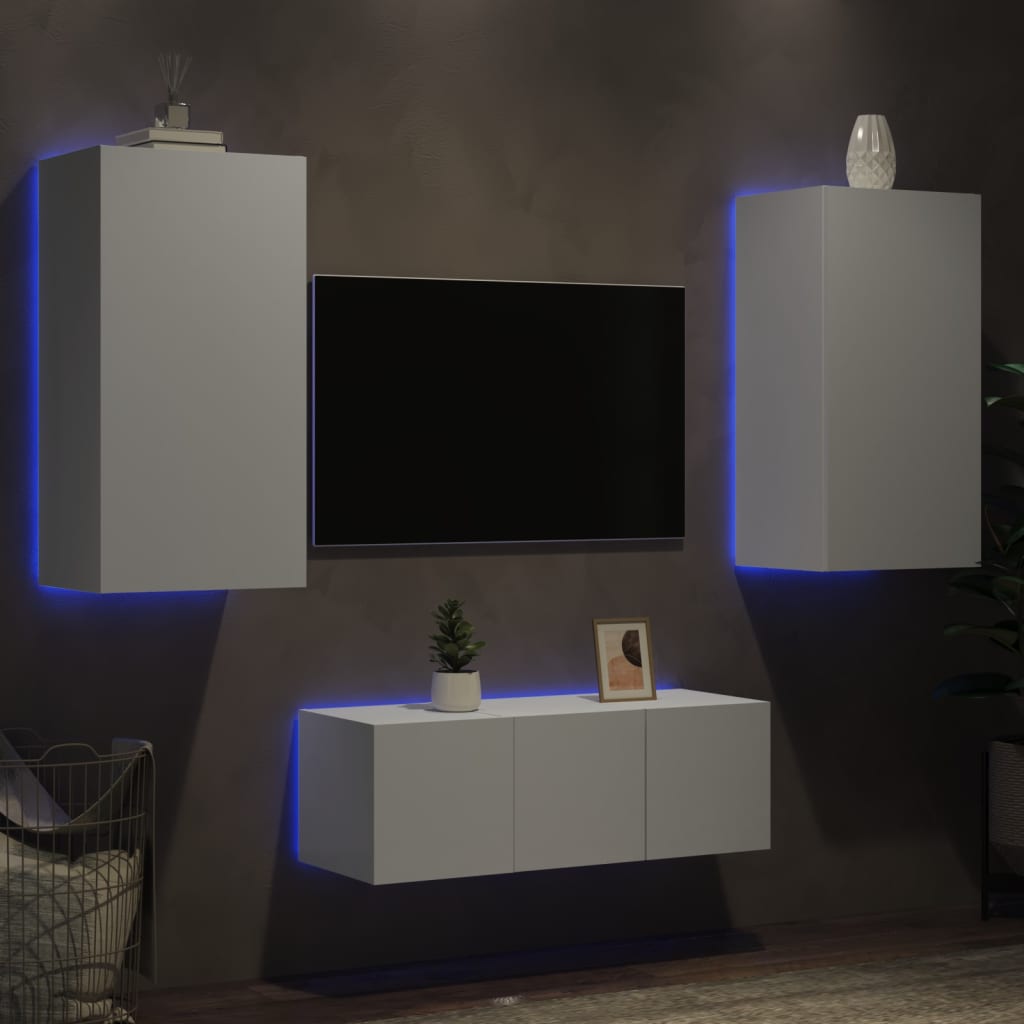 vidaXL 4-delige Tv-wandmeubelset met LED-verlichting bewerkt hout wit