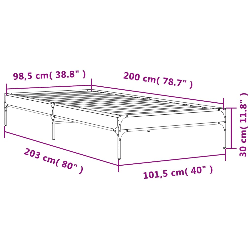 vidaXL Bedframe bewerkt hout en metaal gerookt eikenkleurig 100x200 cm