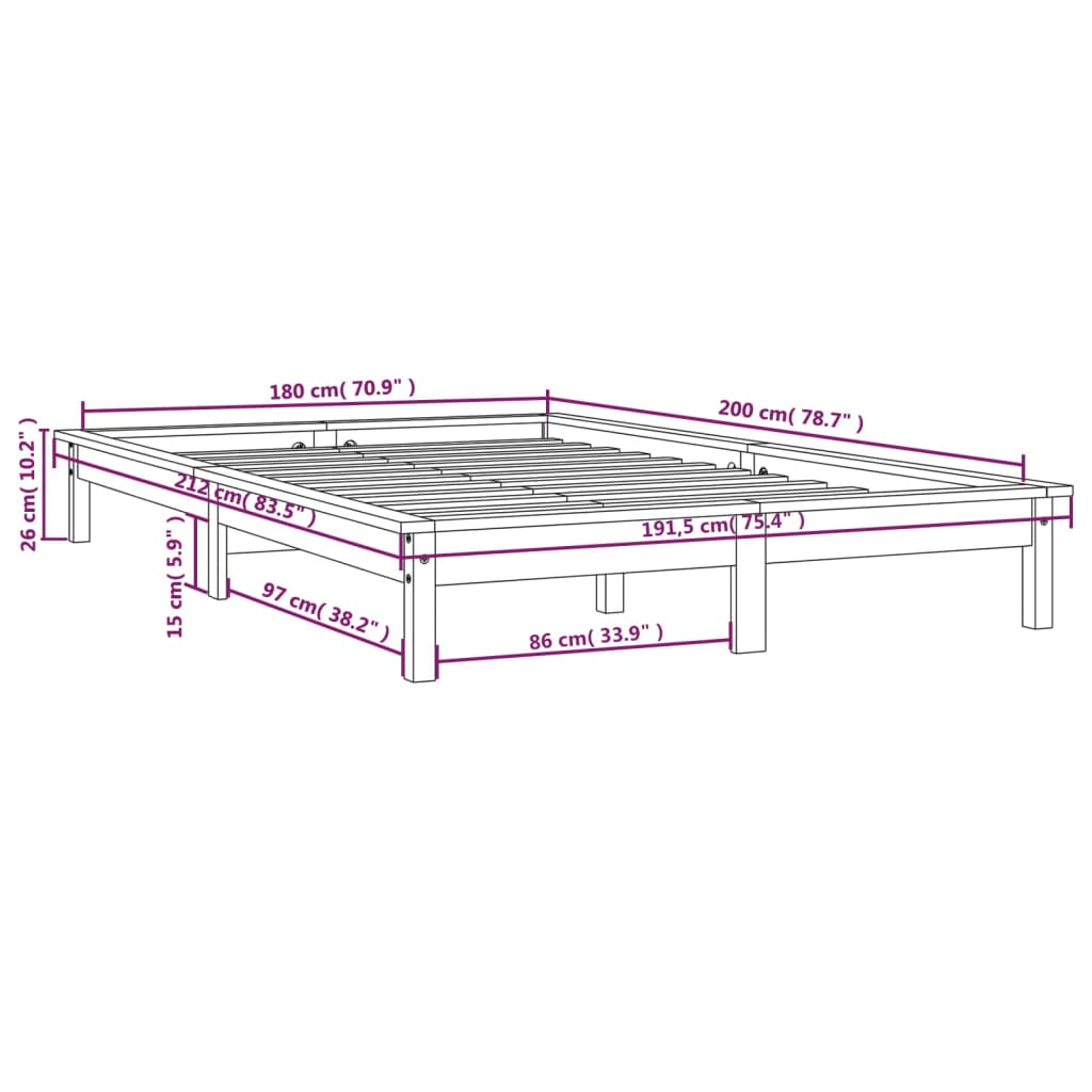 vidaXL Bedframe massief grenenhout zwart 180x200 cm