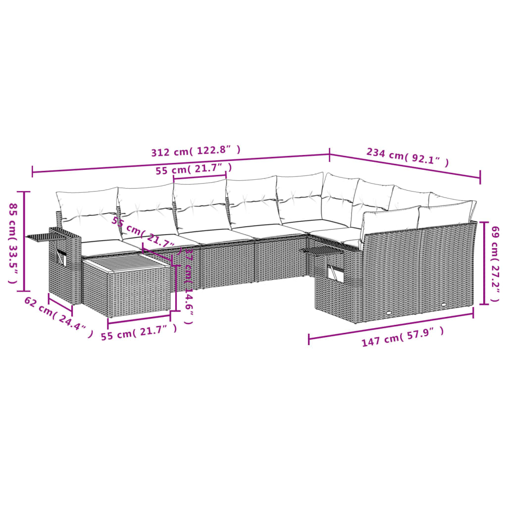 vidaXL 10-delige Loungeset met kussens poly rattan zwart