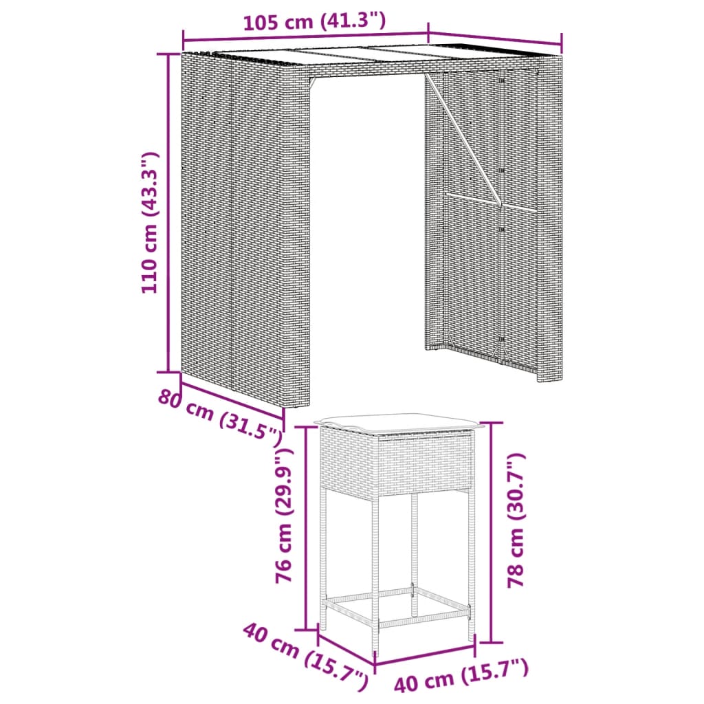 vidaXL 5-delige Tuinbarset met kussens poly rattan bruin