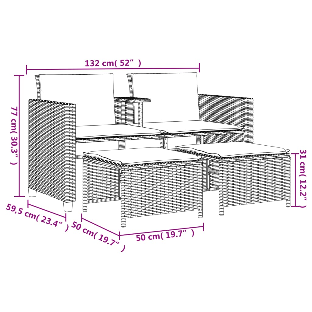 vidaXL Tuinbank 2-zits tafel en voetenbanken poly rattan lichtgrijs