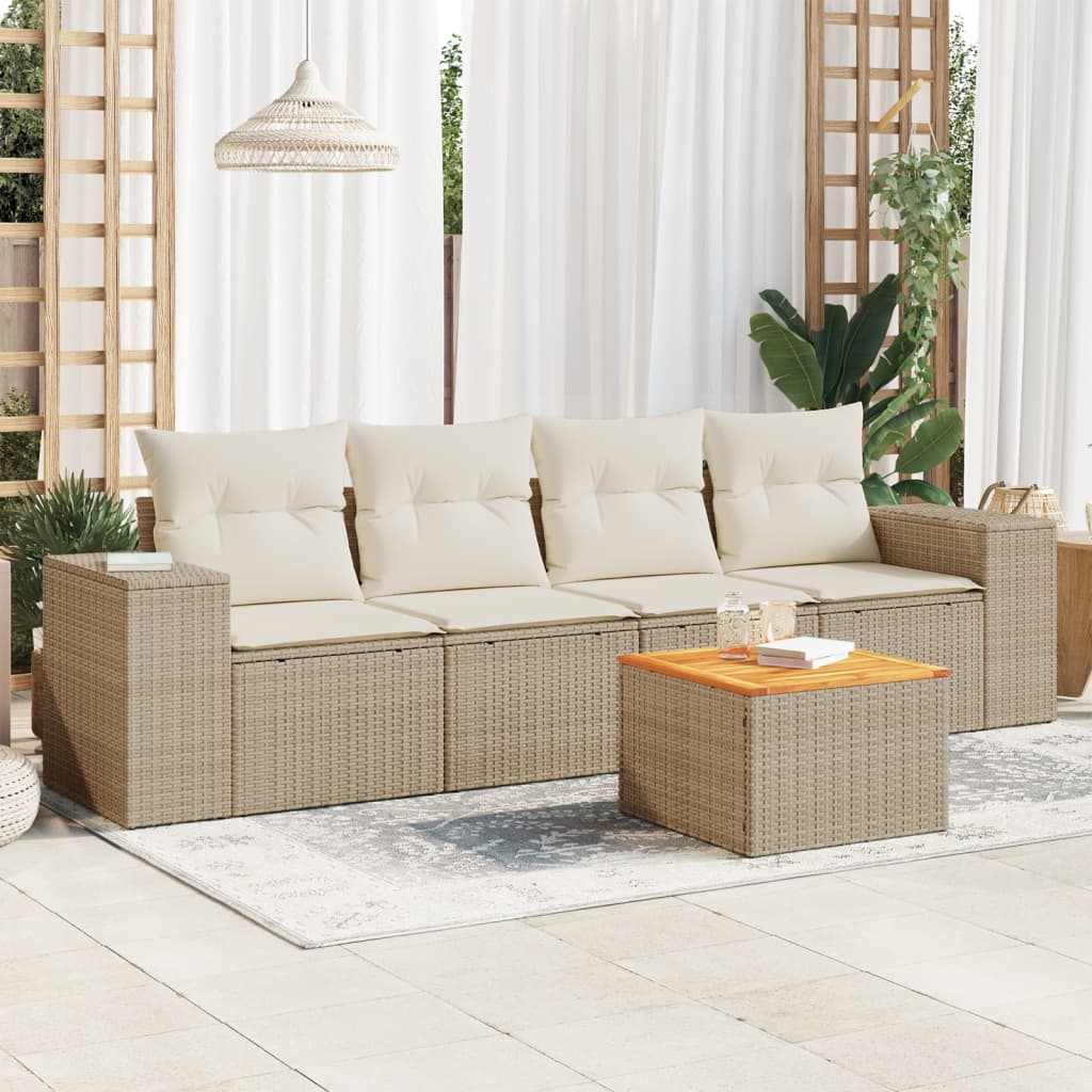 vidaXL 5-delige Loungeset met kussens poly rattan beige