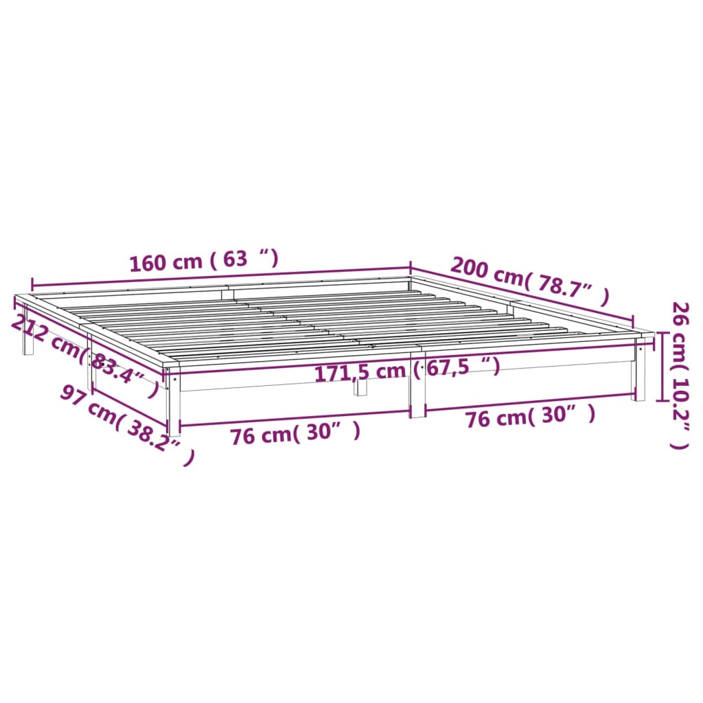 vidaXL Bedframe LED massief hout grijs 160x200 cm