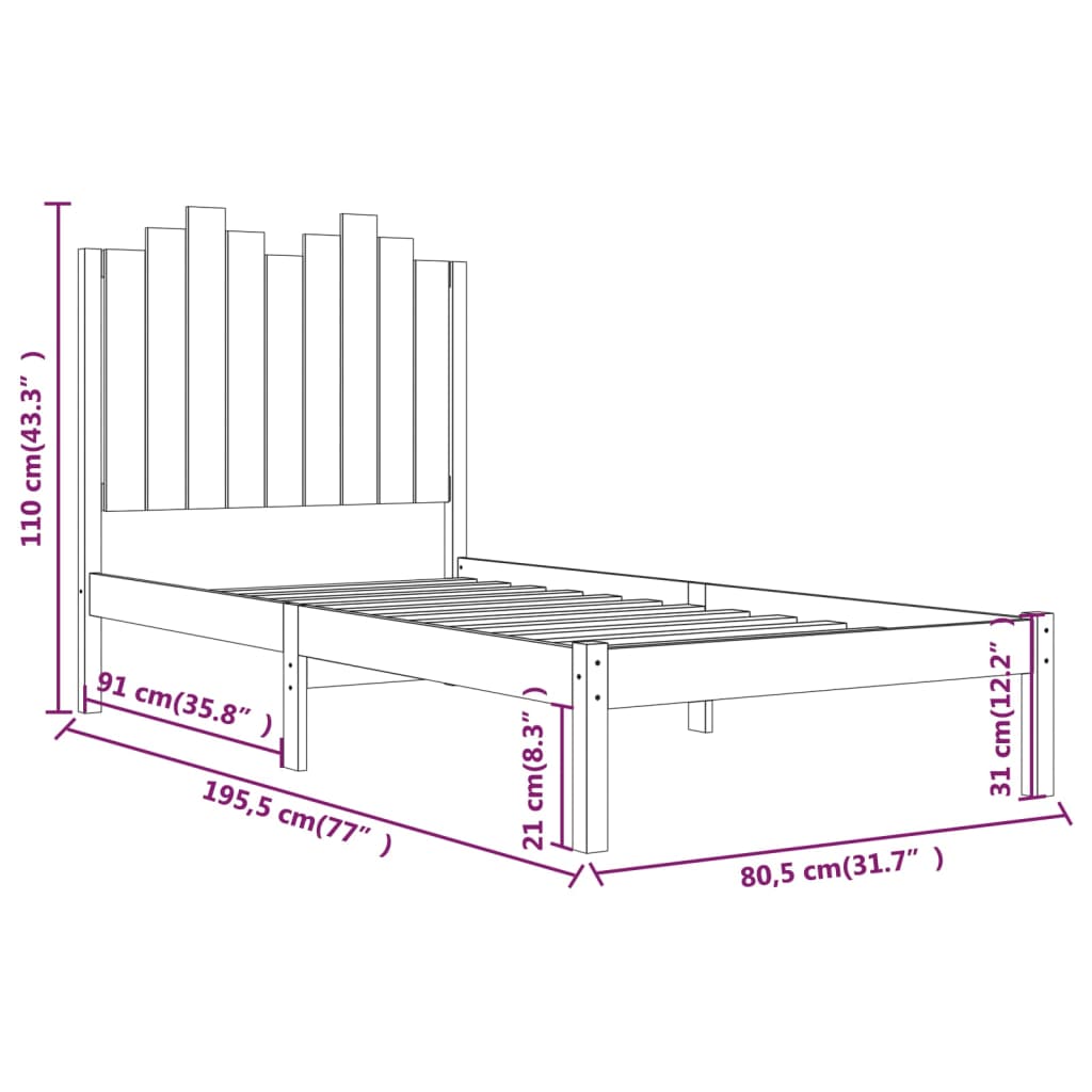 vidaXL Bedframe massief grenenhout zwart 75x190 cm