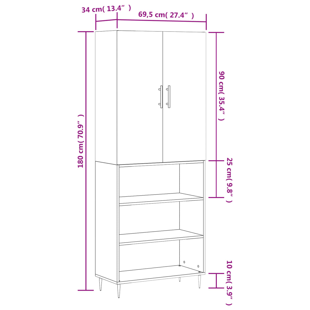 vidaXL Hoge kast 69,5x34x180 cm bewerkt hout grijs sonoma eikenkleurig