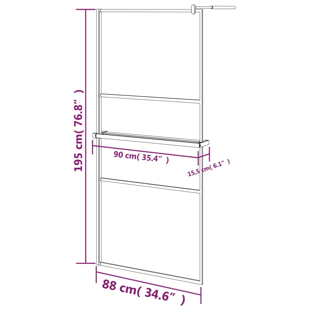 vidaXL Inloopdouchewand met schap 90x195 cm ESG-glas aluminium zwart